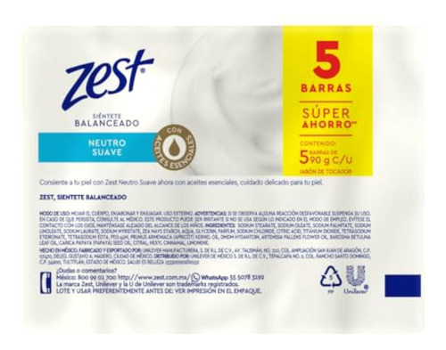 Zest Jabón Neutro Suave Barra, 90g (5 Piezas)