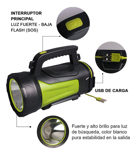 Linterna Reflector Solana SS-885B Led Farol Buscahuella Recargable Potente Color de la linterna Negro Color de la luz Blanco