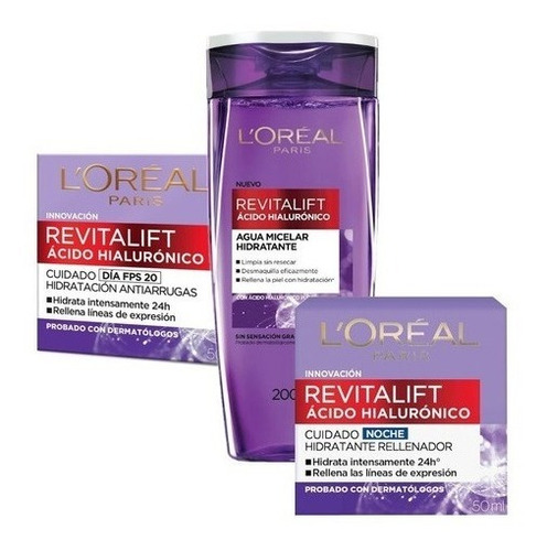 Combo Revitalift Acido Hialuronico Dia+noche+agua Micelar