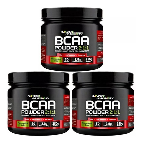 Combo 3x Bcaa Powder Em Pó 2:1:1 250g Recovery - Promoção