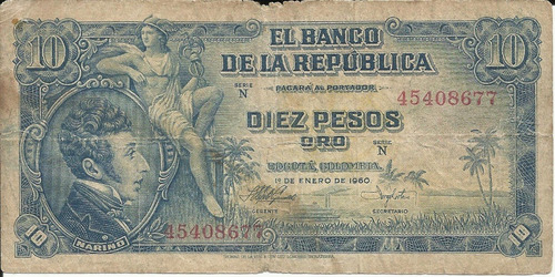 Imagen 1 de 2 de Colombia 10 Pesos, 1 Enero 1960