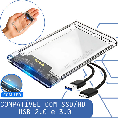 Case Hd Externo Gaveta Para Hd Ssd Sata 2,5 Usb 3.0 Transparente Adaptador Notebook Computador Pc Portátil Para Windows - Ng Soluções