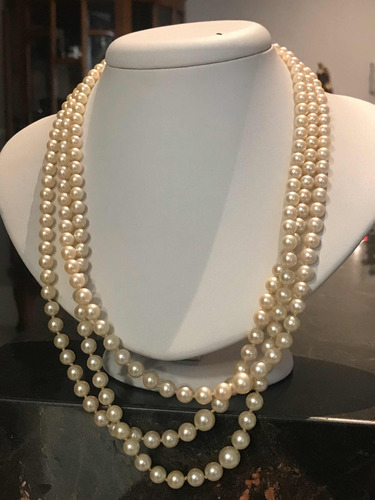 Colar Em Pérola Barroca-3 Fios. Ouro Branco 18k.81.6 Gr.
