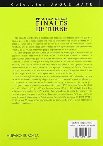 Prãâ¡ctica De Los Finales De Torre, De Korchnoi, Viktor. Editorial Editorial Hispano Europea S.a., Tapa Blanda En Español