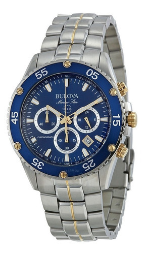 Relógio masculino Bulova 98h37 Marine Star Chronograph, cor de malha, cinza, moldura, azul/prata
