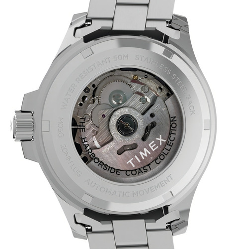 Reloj Timex Hombre Tw2v72100 Harborside Coast Automatic Color de la malla Plateado Color del bisel Azul y Rojo Color del fondo Negro