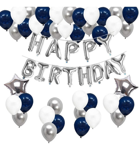 Combo Globos Feliz Cumple Happy Birthday Plata Azul 2