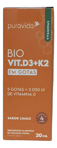 Suplemento de Vitamina D3 + K2 (Sabor Limão) Pura Vida 20ml