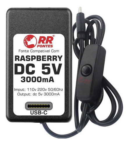 Fonte De Alimentação Raspberry Pi4 5v 3a Com Nf Usbc