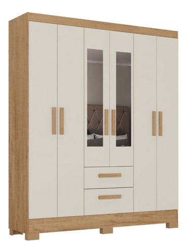 Guarda Roupa Casal Com Espelho 6 Portas Fortaleza Atualle Cor Canelato Rustico Com Off White