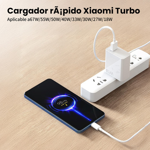 Turbo Cargador 67w Super Cargador Rápida Con Cable Tipo C De Cargador Para Celular Para Xiaomi 12 13 Redmi 13c Note 12 13 Poco X5 X6 F4 F5 Carga Rápid + Cable Tipo C 1.5 metros 6a Blanco