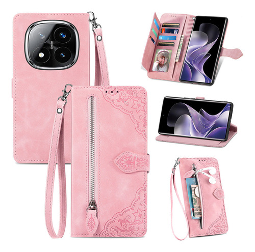 Funda De Piel Emboss Flowers Con Cremallera Para Redmi Note