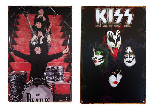 Kit 2 Quadros Decorativos Placa Metal Rock Beatles Kiss Top