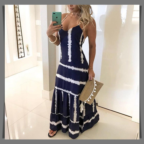 Vestido Longo Listrado Navy Blue Com Alcinha Importado