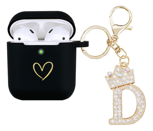 Funda Para AirPods 1 Y 2 Generacion Negro Llavero Letra D