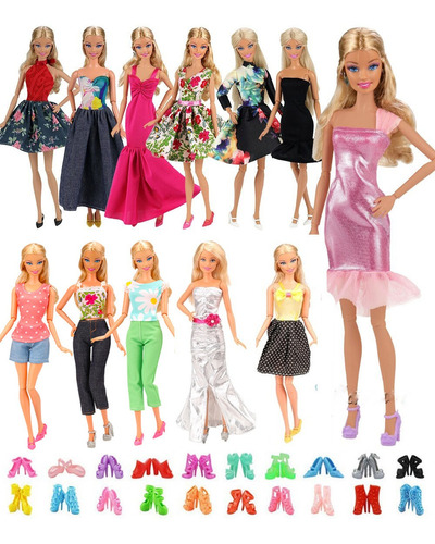 Kit Roupa 10 Vestido Fashion Pra Boneca Barbie + 10 Sapatos