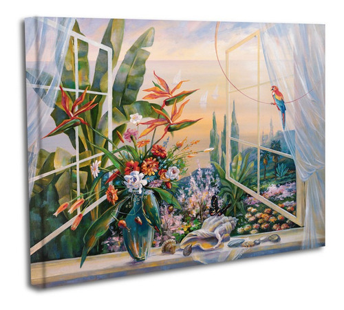 Cuadro Lienzo Canvas 80x120cm Ventana Flores Tipo Oleo Arte