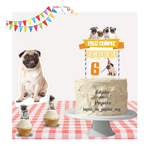 Adorno Torta Cake Topper Cumpleaños Deco Mesa Perro Pug Naranja Claro Perro Pug