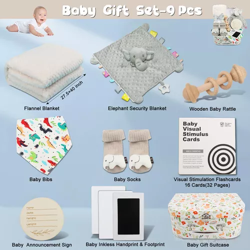 Regalos de baby shower, cesta de regalo para bebé, incluye manta de  seguridad para recién nacido, juguete de sonajero de madera, divertidos  calcetines