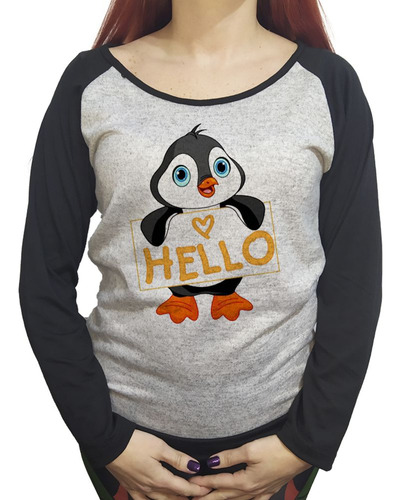 Buzo Lanilla Mujer  Pinguino Con Cartel Hello Corazon