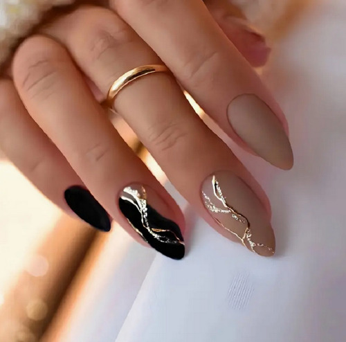 24 Pz Uñas Postizas Tips Craqueleadas Negro Nude Press On Negro Nude Bicolor Craqueleada