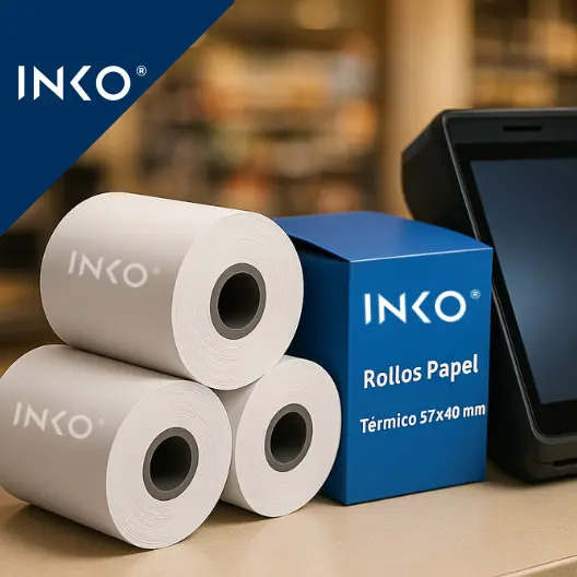 10 Rollos 57x40 mm 57x20 mts para Impresoras Clip Total Point Smart TPV Punto de Venta Color Blanco impresión color negro INKO