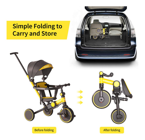 Triciclo Plegable Con Empuje Y Toldo, 6 En 1.