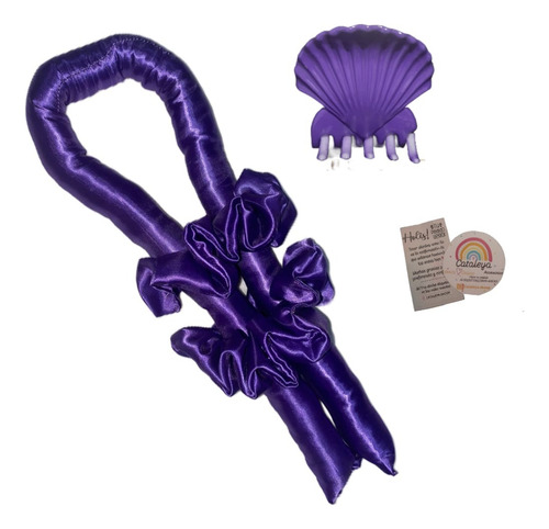 Set Ondas Sin Calor+broche+funda De Almohada+cofia Antifrizz Violeta Oscuro