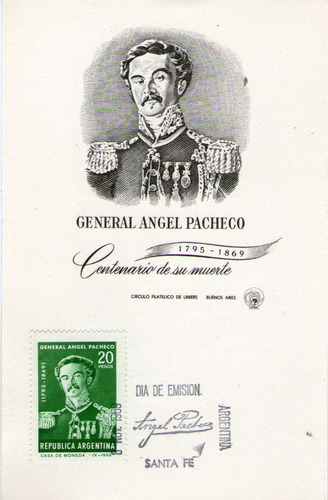 Imagen 2 de 2 de Argentina Tarjeta 1° Día Emisión Gral. Ángel Pacheco 1969