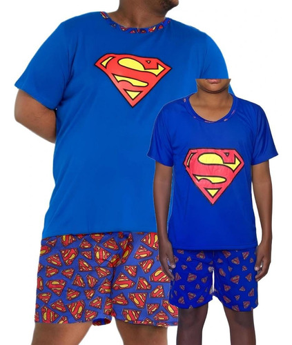 2 Pijamas Tal Pai Filho Plus Size Manga Curta Short Heróis