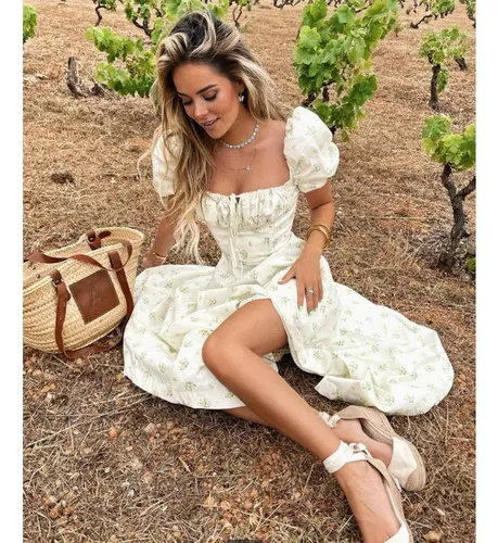 Vestido Midi Floral Manga Princesa Fenda Boho