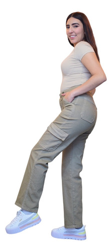 Pantalon Cargo Mujer Recto Tiro Alto Holgado Mezclilla Color