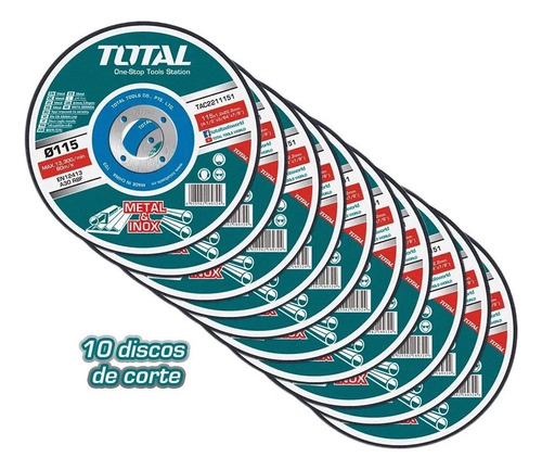 Imagen 2 de 10 de Amoladora Angular Total 750w Con 10 Discos De Corte 115