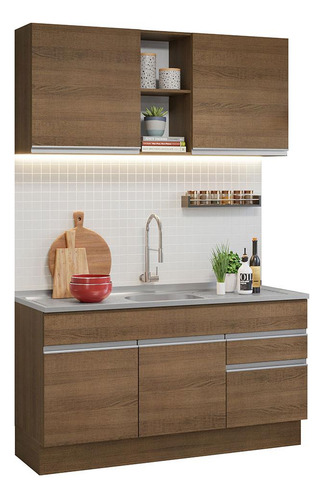 Armário De Cozinha Compacta Com Pia 150cm Glamy Madesa 03r Cor Rustic