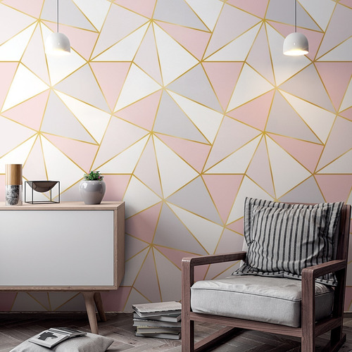 Papel De Parede Triangulo Geométrico Cinza Rosa Menina 3m