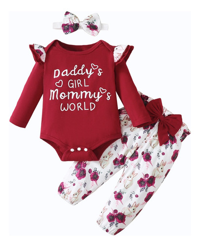3 Pcs Conjunto De Mameluco Con Diadema Y Estampado De Flores Rojo 3-6 M