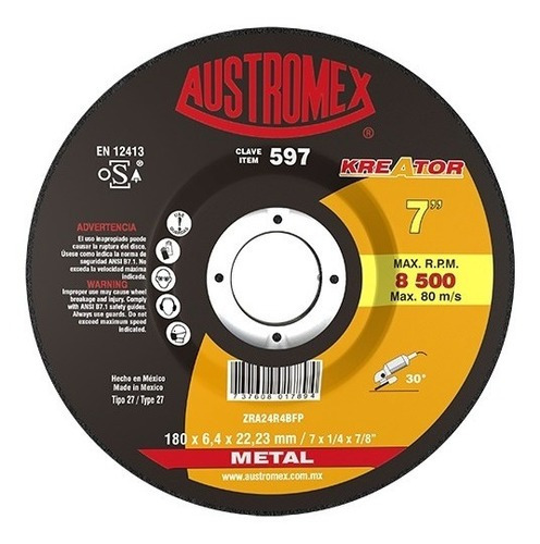 Disco De Desbaste Austromex 597 Kr 7x1/4x7/8 5pz Color Negro