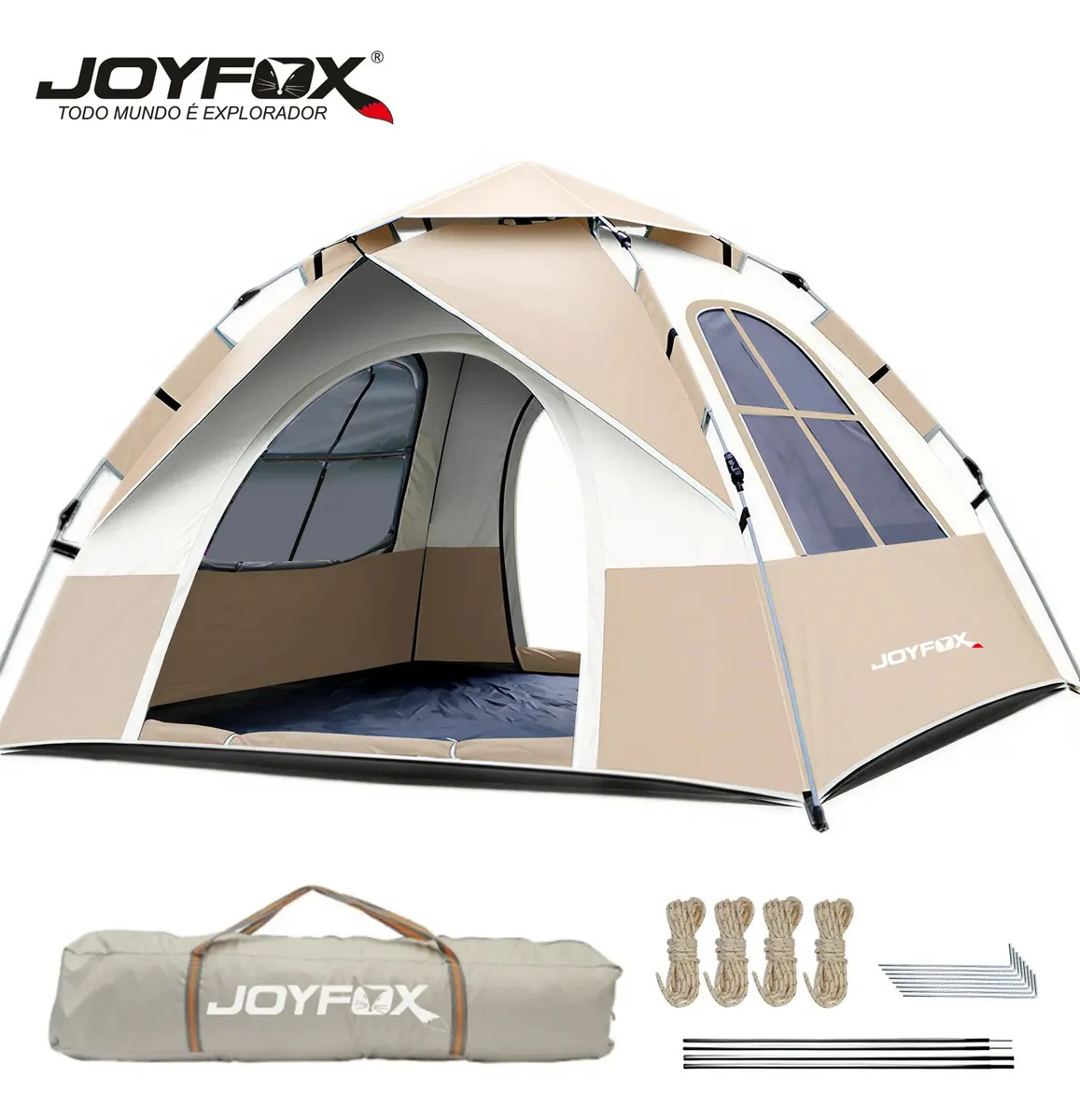 Barraca De Camping Automatica Instantânea JOYFOX 3-4 Pessoas Acampamento Barraca Automatica Impermeável 1000mm 210*205*115cm Ouro palido