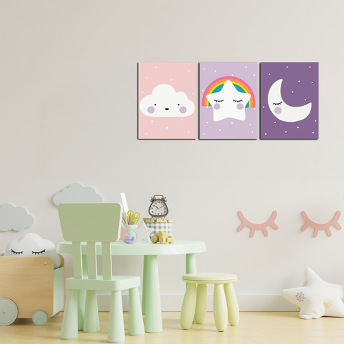 Imagen 3 de 3 de Triptico Cuadros Niños 40x30 Cms Set28 Nube Luna Estrella