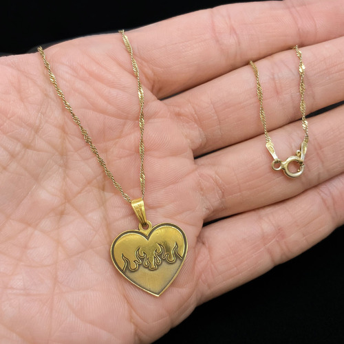 Cadena Y Dije Corazón Llamas Fuego Ardiente Oro 18k Oro 18k 50 Cm