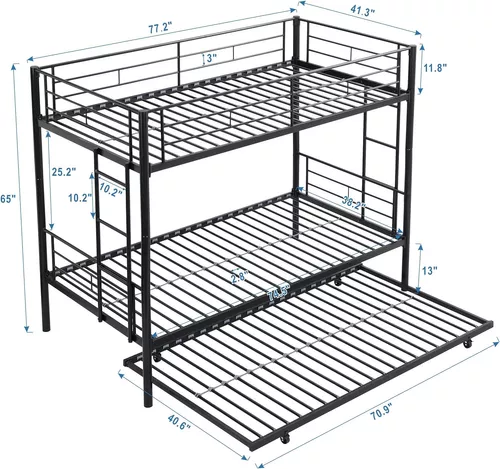 Litera de metal con cama nido individual, litera individual sobre  individual con dos escaleras y rieles de protección de seguridad, marco de  literas