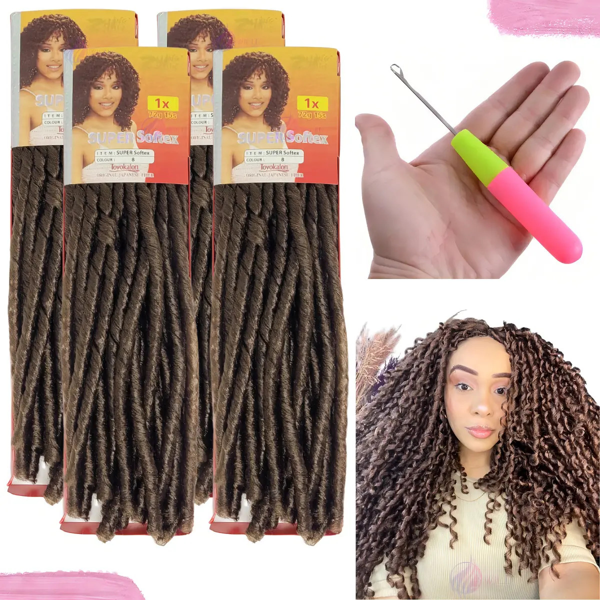Kit 4 Pacotes Cabelo Nina Softex Dread Crochet Braid +agulha Cor