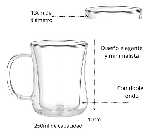 8 Tazas De Cafe Doble Pared Vidrio 250 Ml C/u Juego De Tazas Color Transparente Tazá