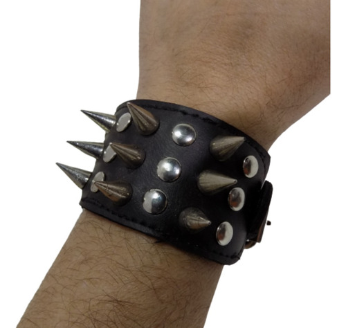 Muñequera Con Púas 3 Hileras De Cuero Pulsera Metal Rock Qsr