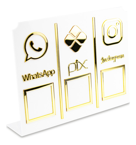 Display Placa 3 Em 1 Whatsapp Pix Instagram Qr Code Branco Branco e dourado