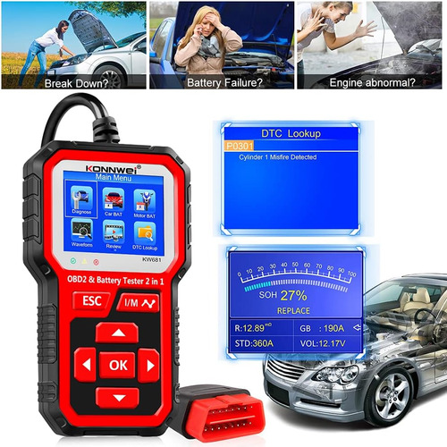 Konnwei Kw681 Obd2 Escáner 6v 12v Tester De Batería De Autom