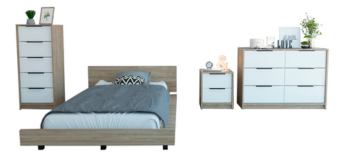 Base De Cama Single +velador - Kaia - Miel/blanco