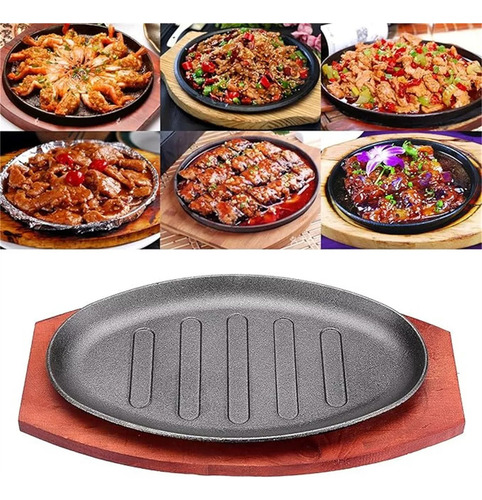 Plancha Plato De Fierro Fundido Con Base De Madera 28cm