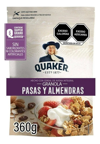 2 Pza Granola Quaker Almendras Pasas Y Miel 360 G