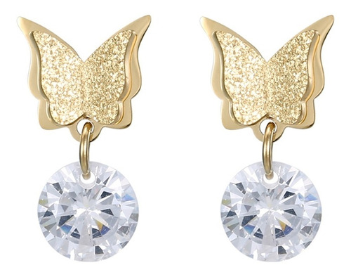 Aretes Broquel Oro 14k Lam Mariposa Swarovski Diamantada